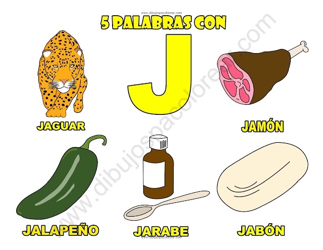 Cinco Palabras con la letra J dibujo a color y para colorear